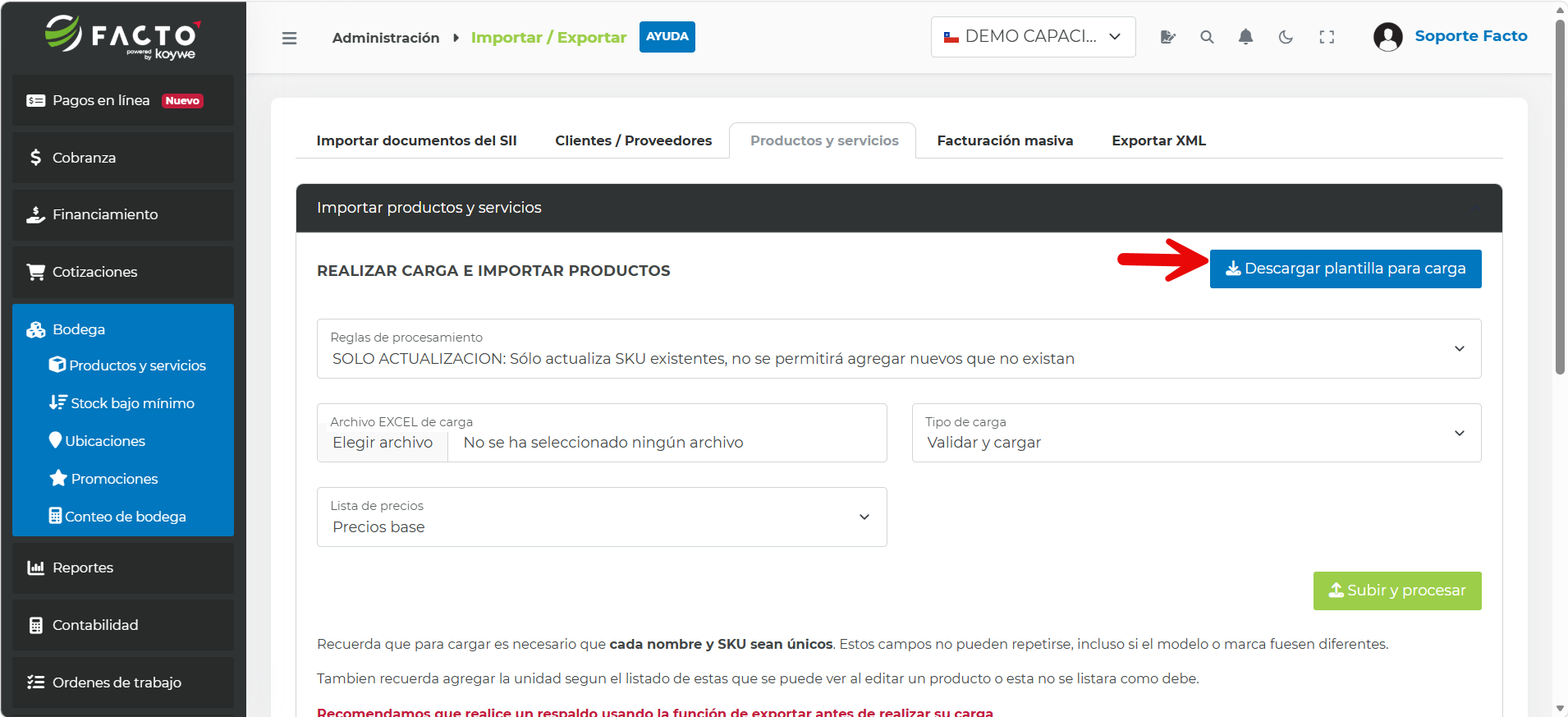 Botón Descargar plantilla para carga en el módulo Importar productos y servicios