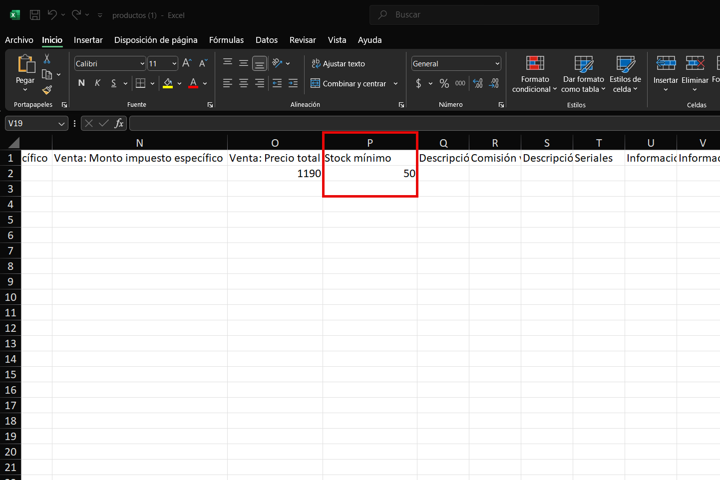 Columna Stock mínimo en la plantilla Excel de productos y servicios