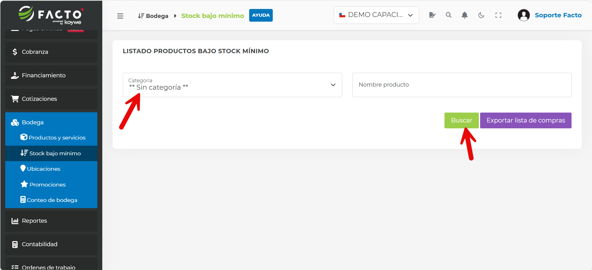 Módulo Stock bajo mínimo con el filtro de categoría y el botón Buscar