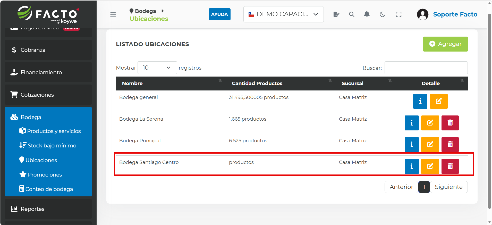 Nueva bodega agregada en el listado de Ubicaciones