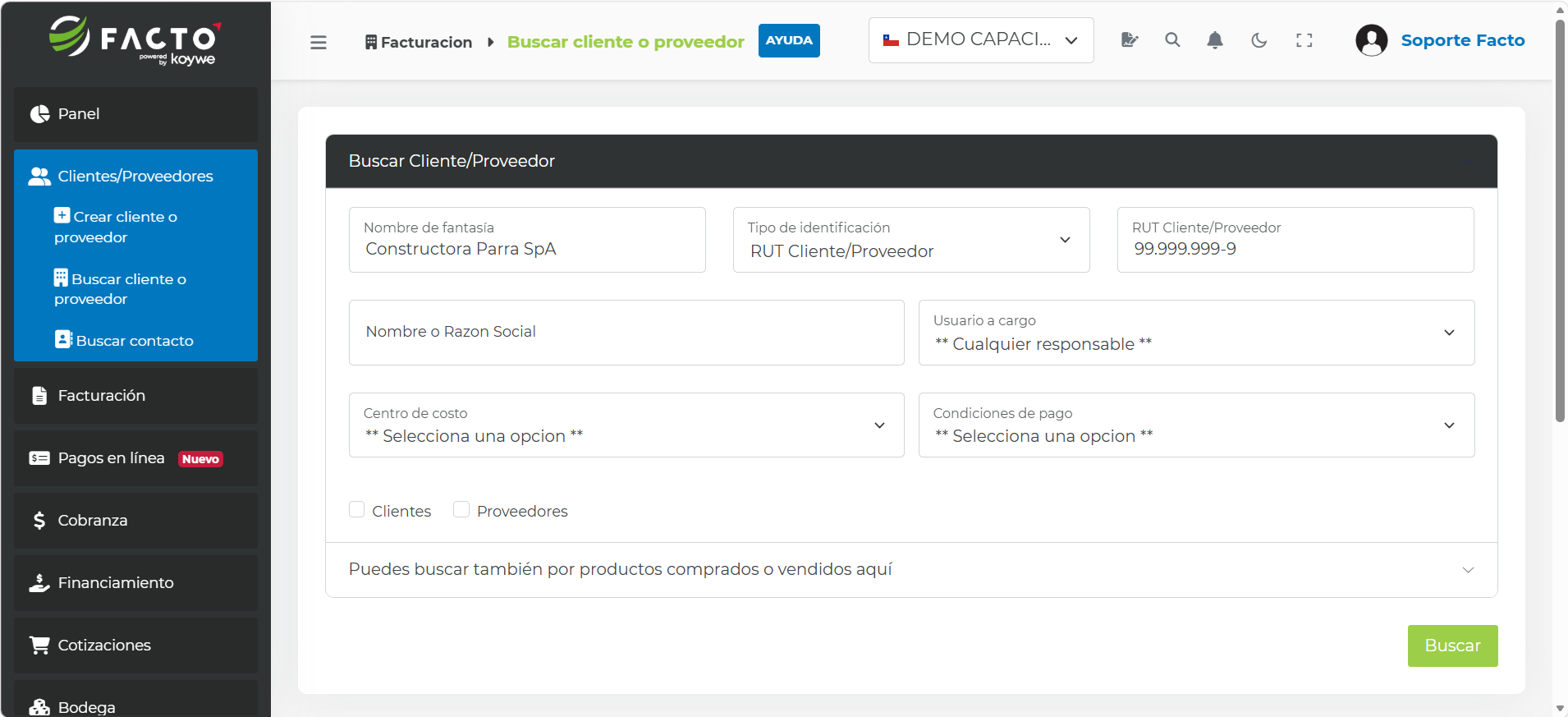 Formulario de búsqueda de clientes y proveedores en FACTO