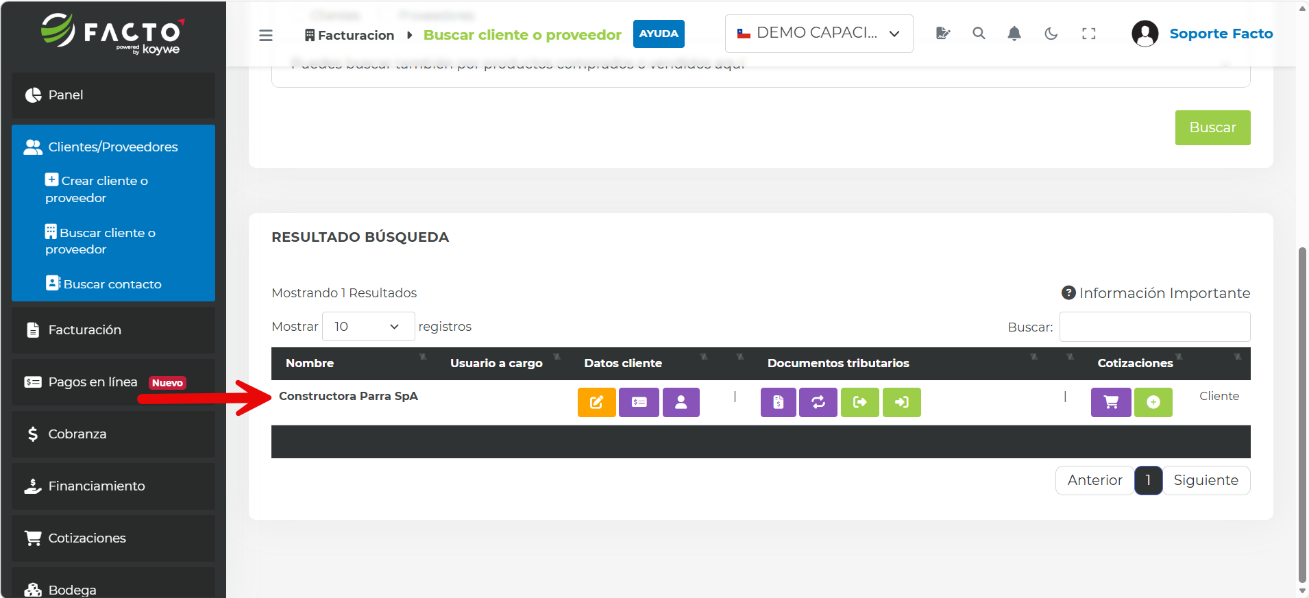 Resultado de búsqueda de un cliente o proveedor en FACTO