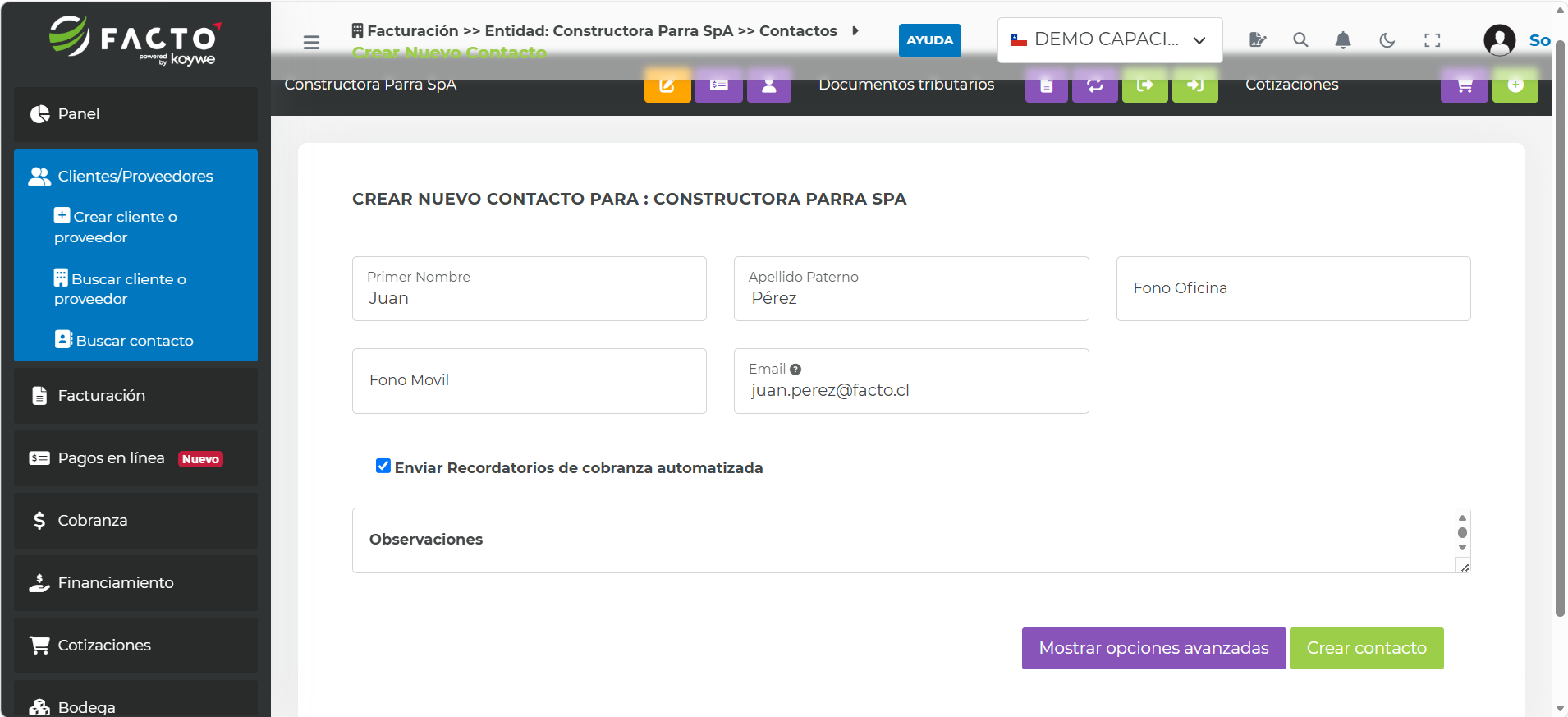 Formulario para crear un nuevo contacto de un cliente o proveedor en FACTO