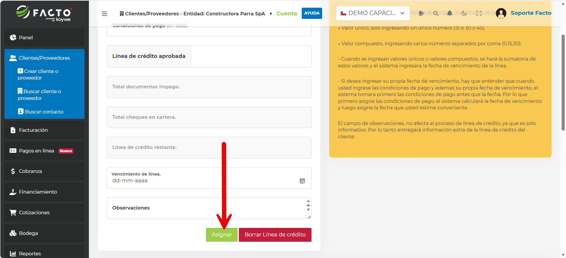 Formulario para asignar una línea de crédito a un cliente en FACTO