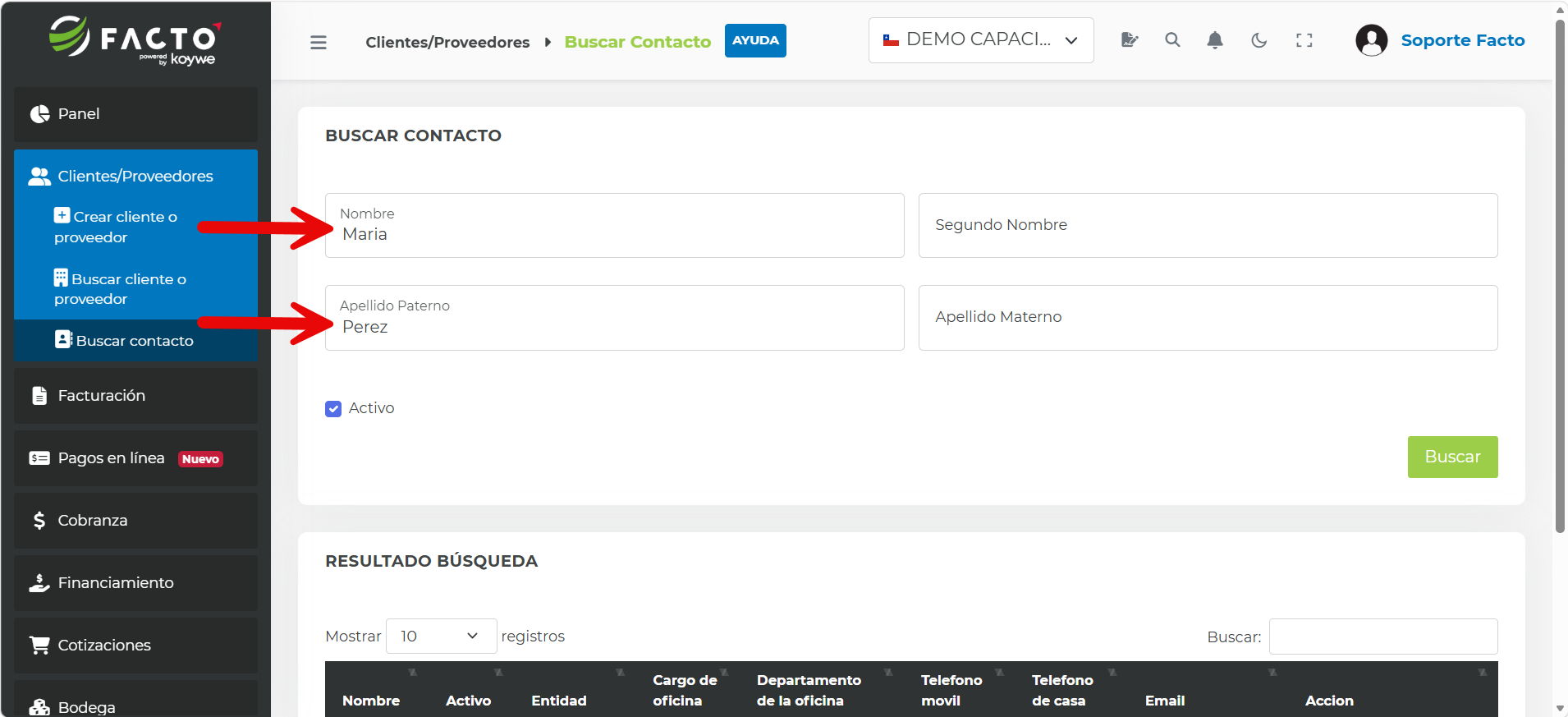 Formulario de búsqueda de contactos en FACTO