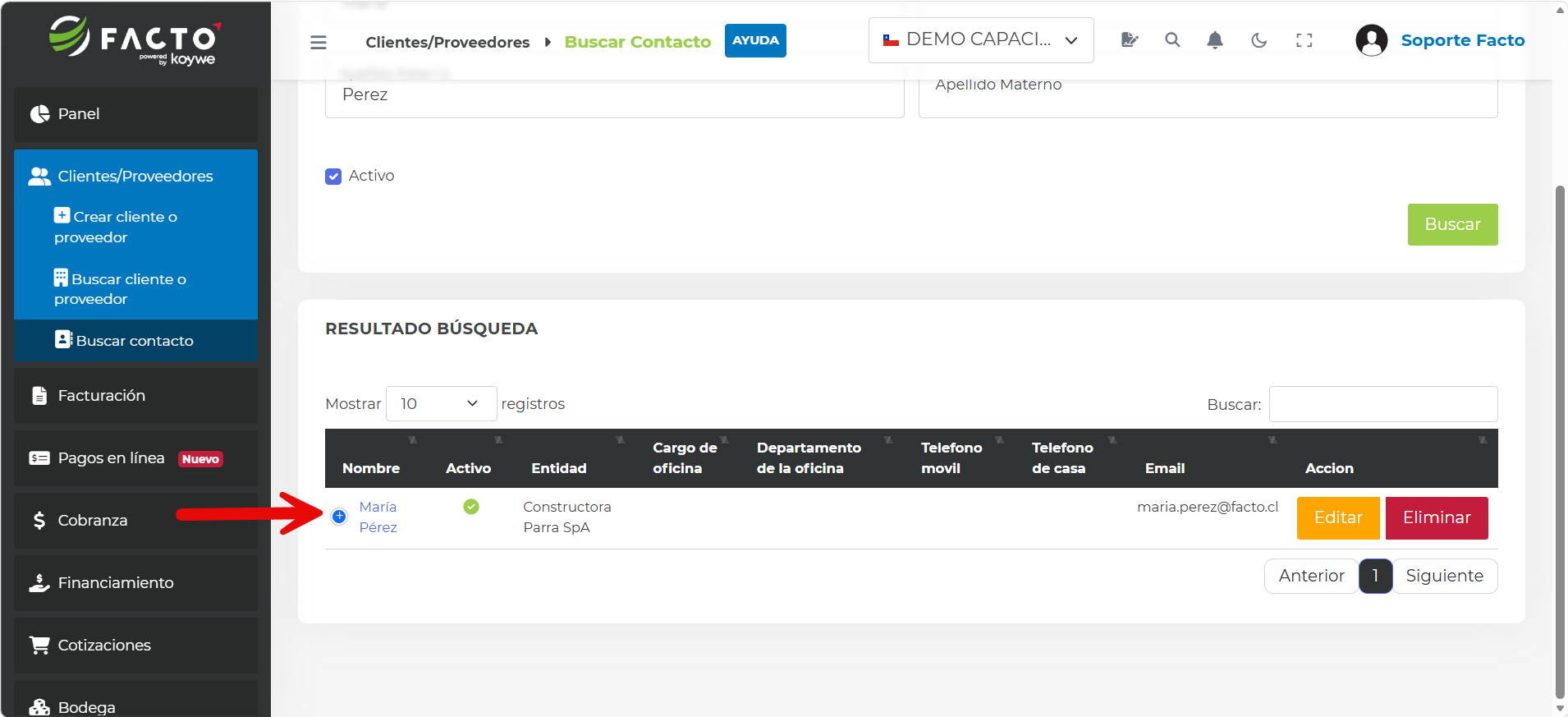 Resultado de búsqueda de un contacto en FACTO