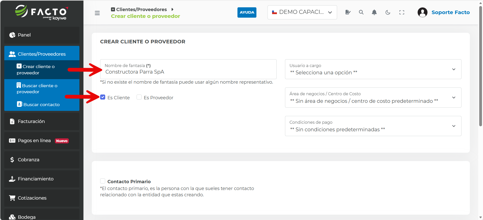 Formulario de creación de cliente o proveedor en FACTO