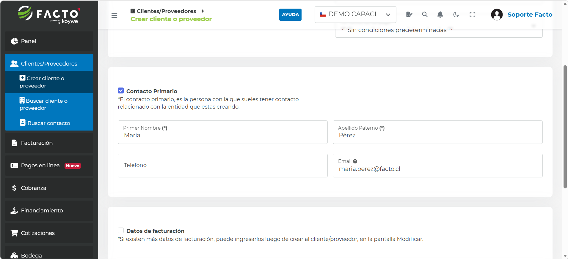 Sección de contacto primario al crear un cliente o proveedor en FACTO