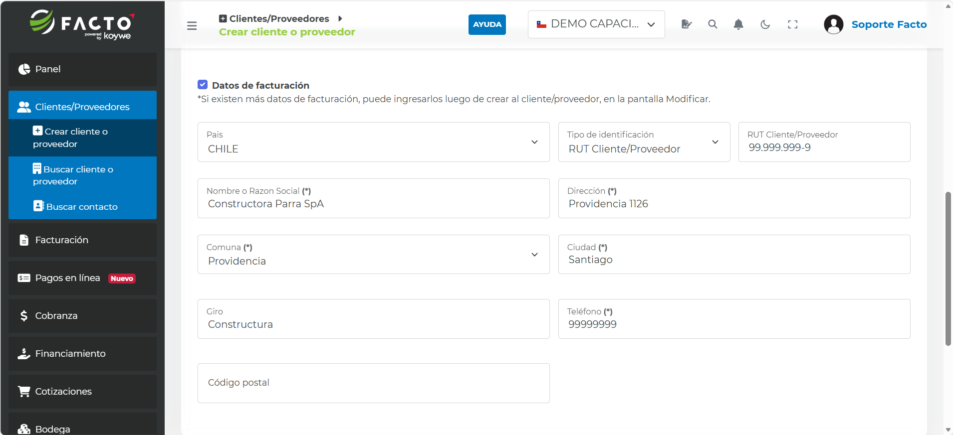 Sección de datos de facturación al crear un cliente o proveedor en FACTO