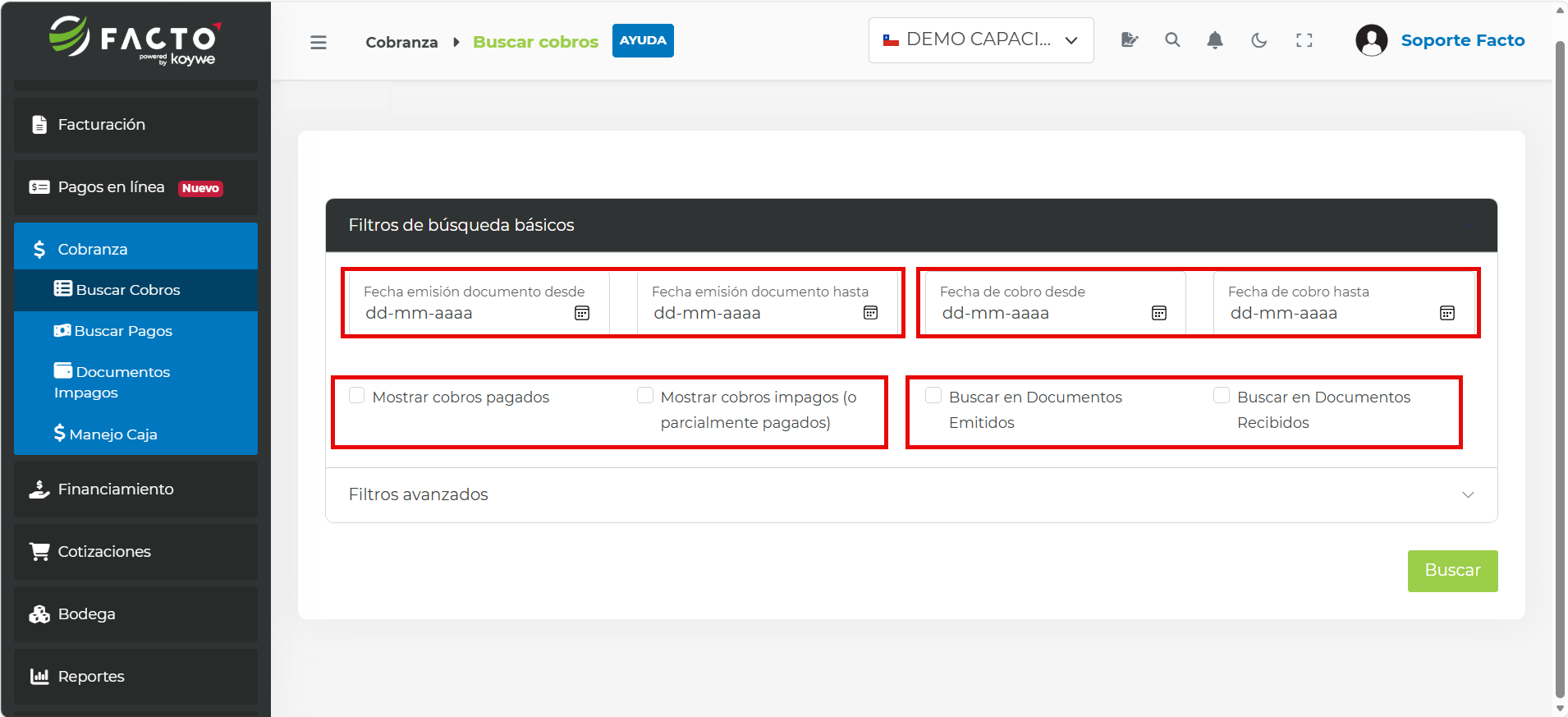 Filtros de búsqueda básicos en Buscar cobros de FACTO: fechas de emisión y de cobro, cobros pagados o impagos, y documentos emitidos o recibidos