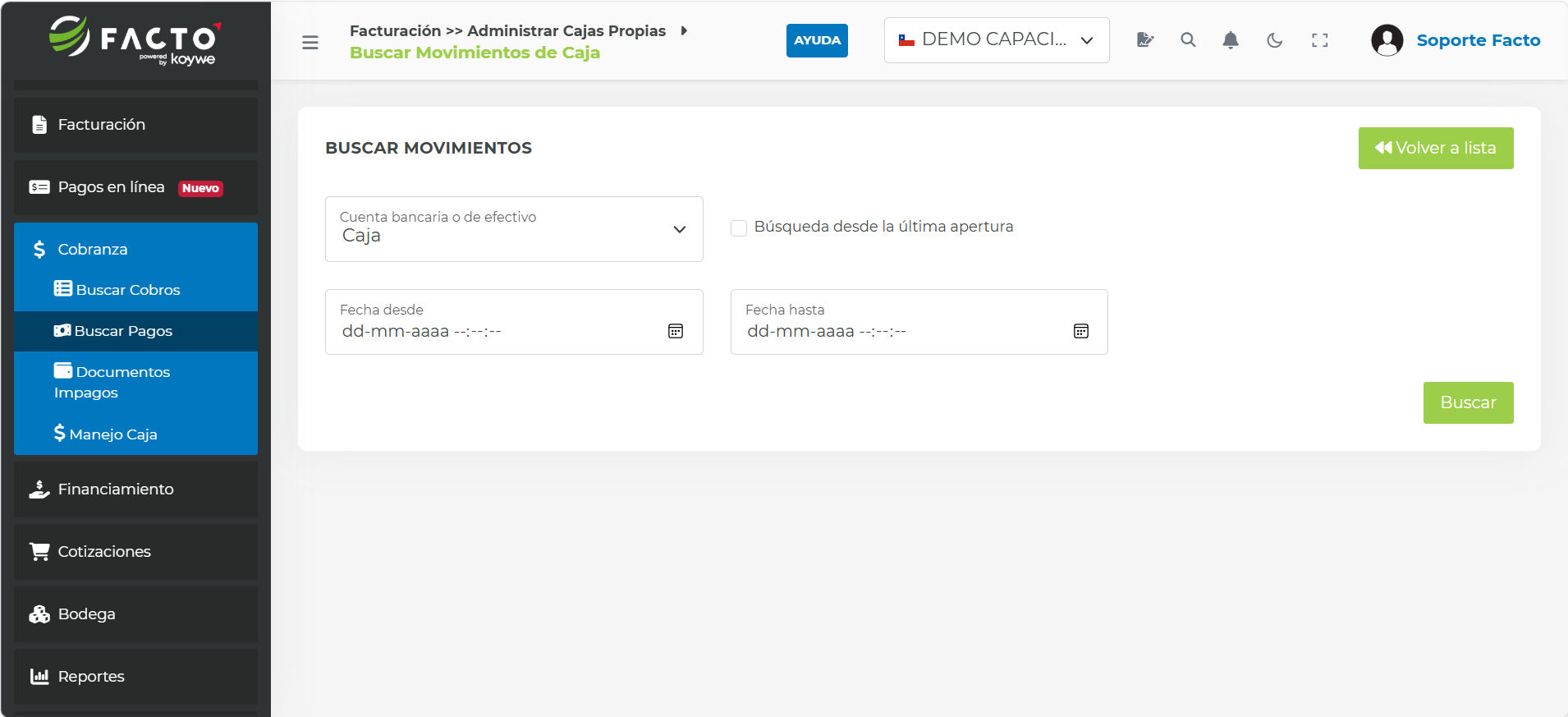 Pantalla Buscar Movimientos de Caja en FACTO, con los campos Cuenta bancaria o de efectivo, Búsqueda desde la última apertura, Fecha desde y Fecha hasta