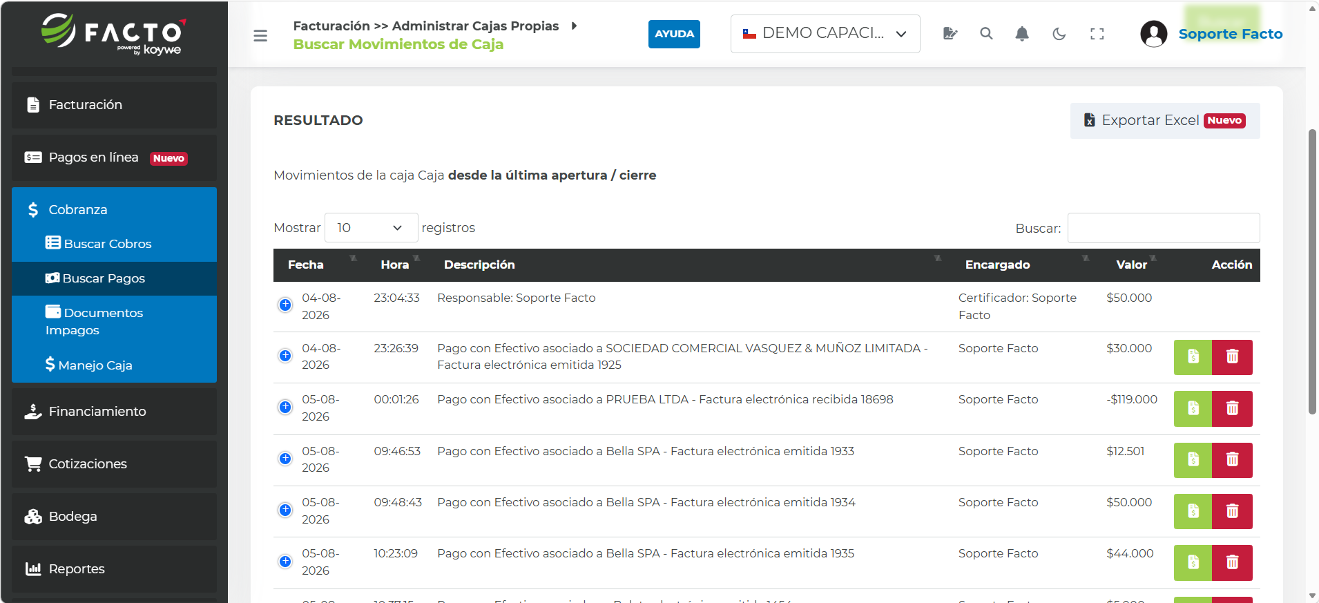 Resultado de la búsqueda de movimientos de caja en FACTO, con el detalle de fecha, hora, descripción, encargado y valor de cada movimiento