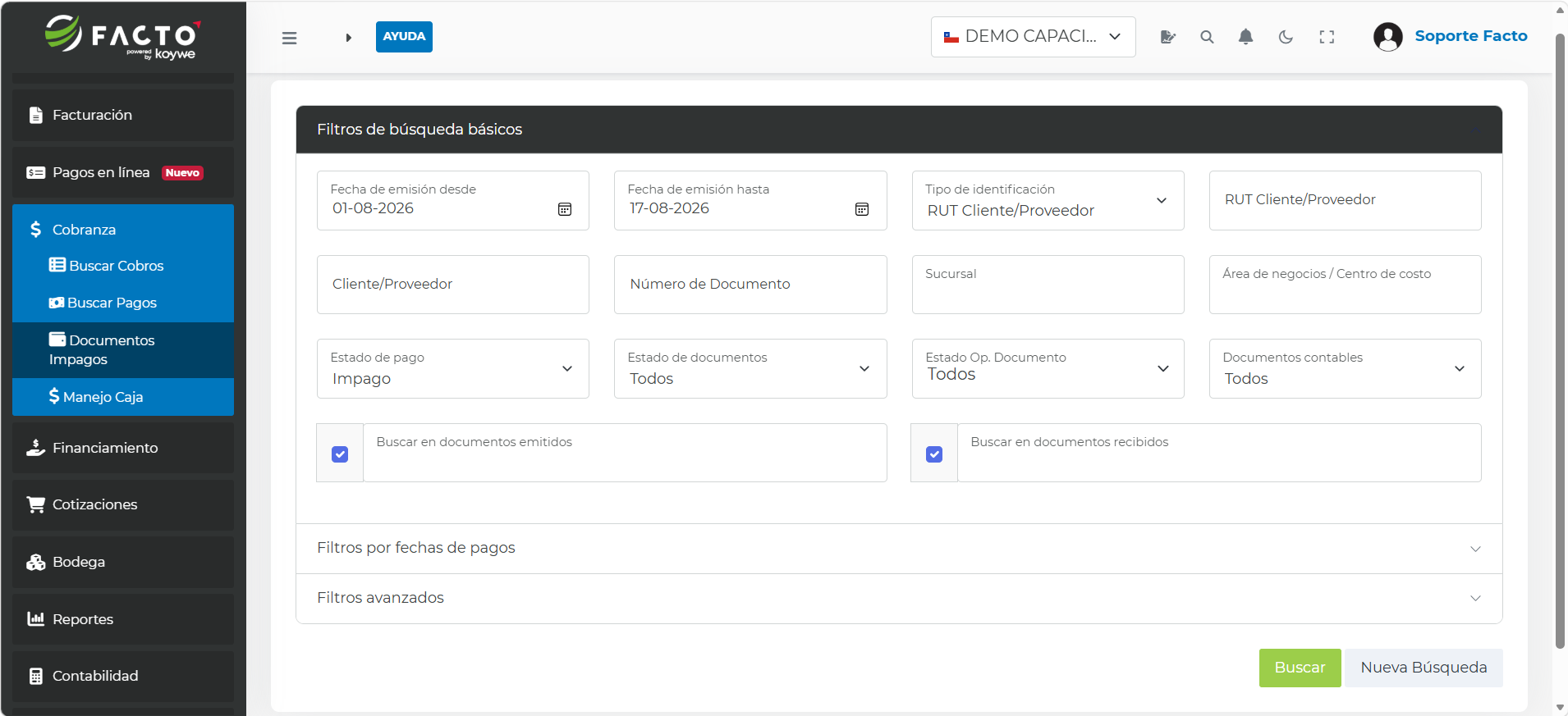 Filtros de búsqueda básicos en Documentos impagos de FACTO: fechas de emisión, tipo y RUT de cliente/proveedor, número de documento, sucursal, área de negocios, estado de pago Impago, estado de documentos y documentos emitidos o recibidos