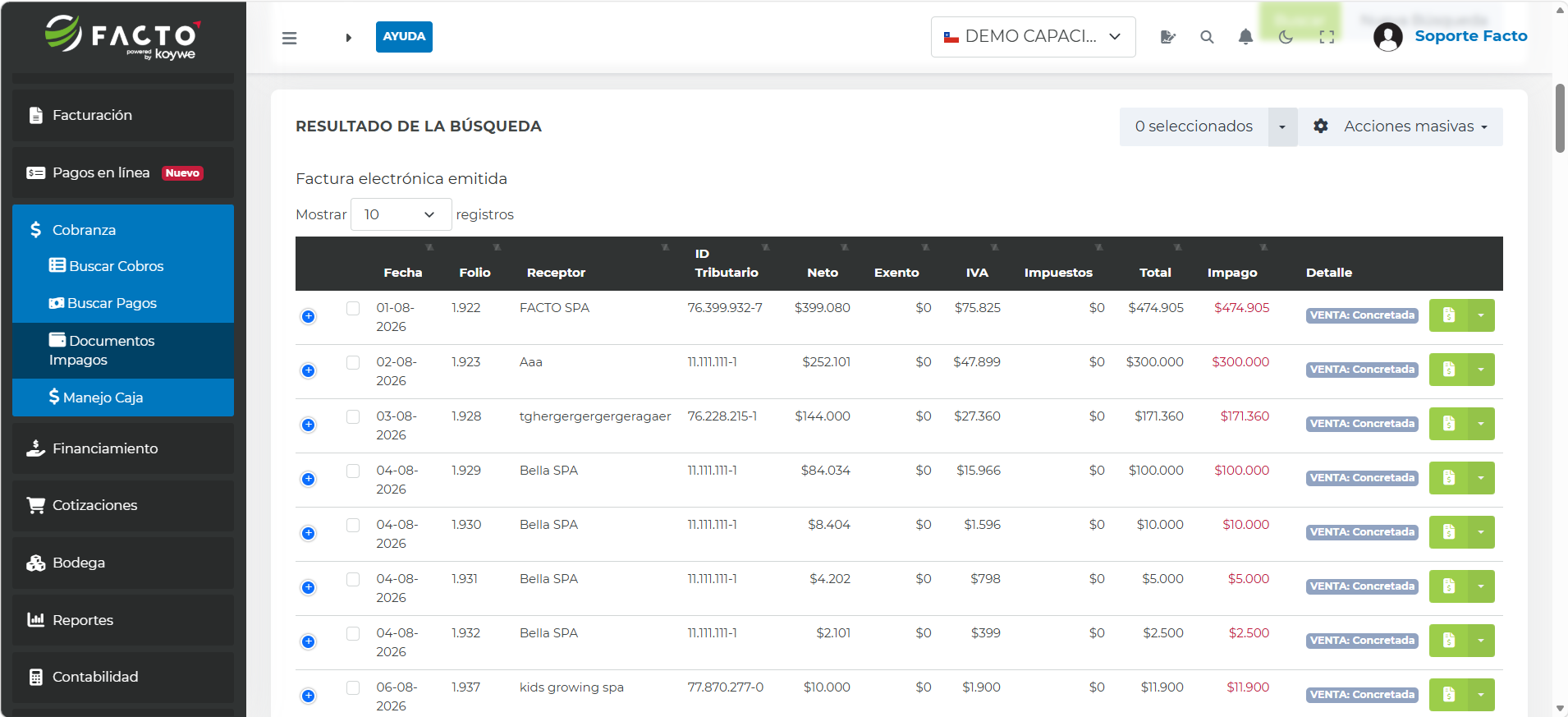 Resultado de la búsqueda de documentos impagos en FACTO con el detalle de fecha, folio, receptor, ID tributario, neto, exento, IVA, impuestos, total e impago de cada documento