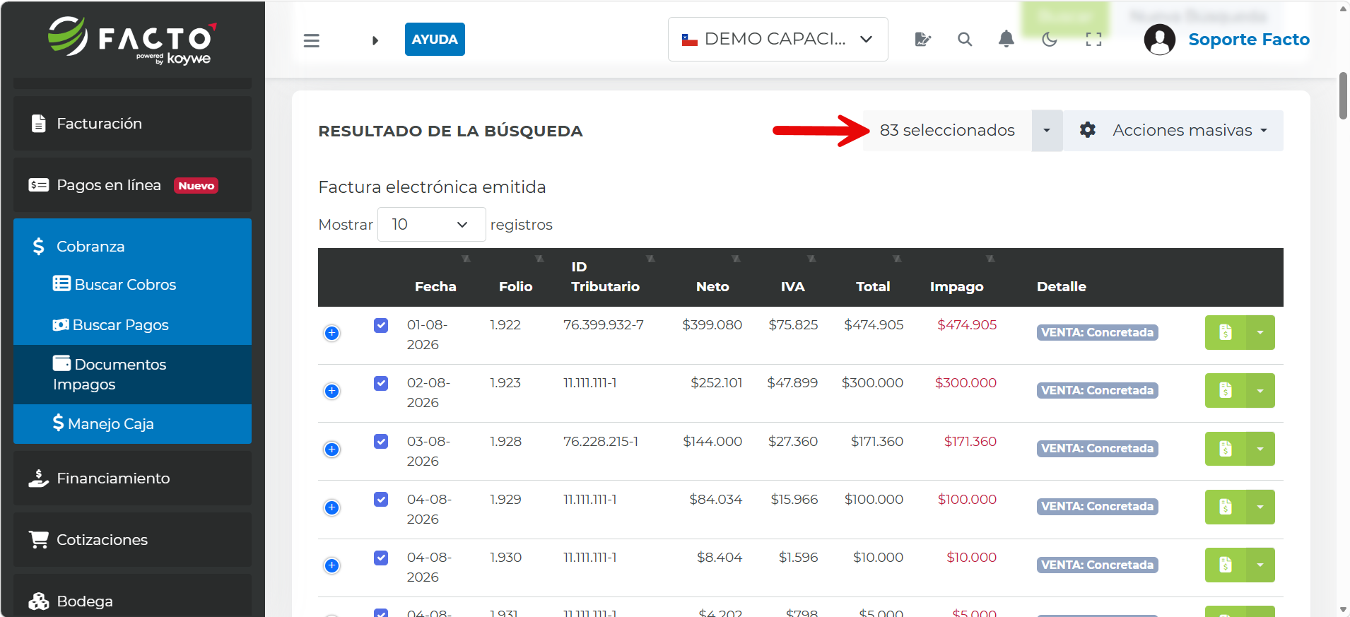 Selección de todos los documentos impagos en el resultado de la búsqueda en FACTO