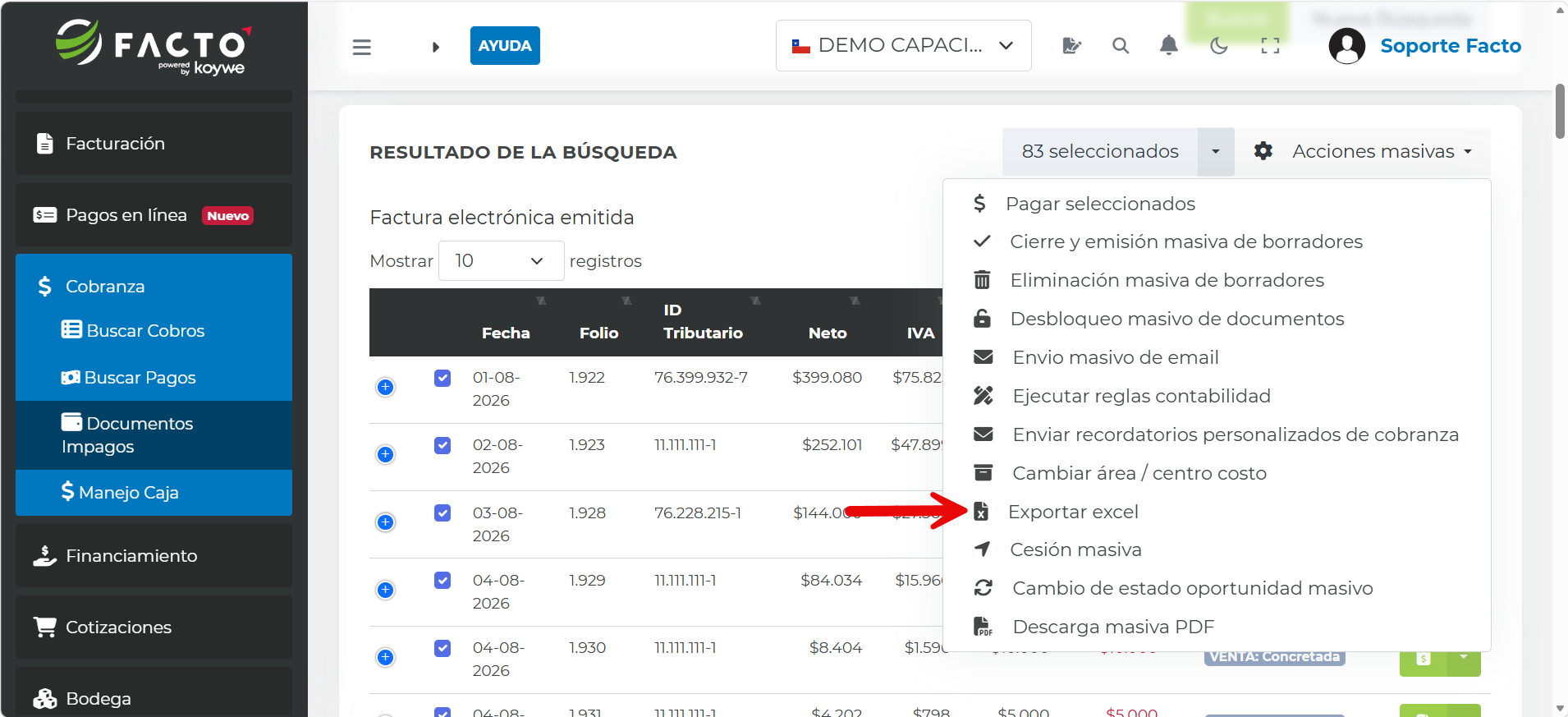 Menú Acciones masivas en FACTO con la opción Exportar excel seleccionada