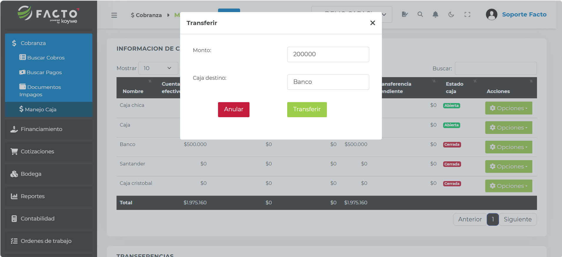 Formulario Transferir en FACTO con los campos Monto y Caja destino