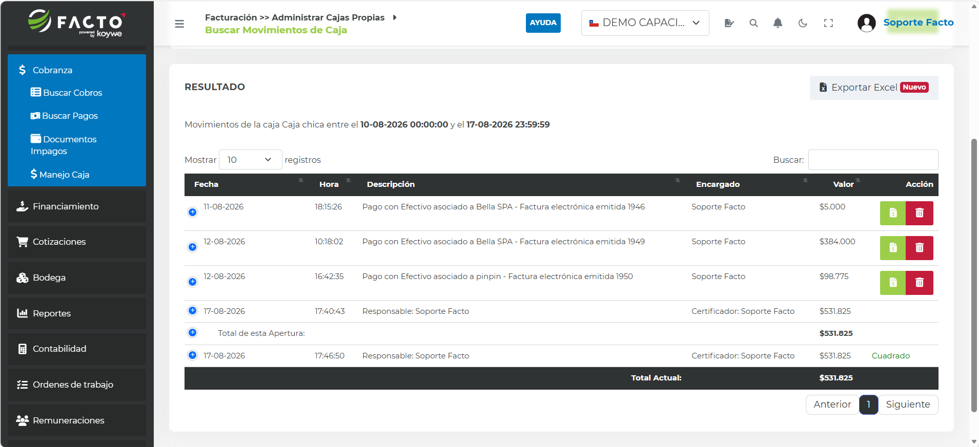 Resultado de la búsqueda de movimientos de caja en FACTO con el detalle de fecha, hora, descripción, encargado y valor, y el botón Exportar Excel