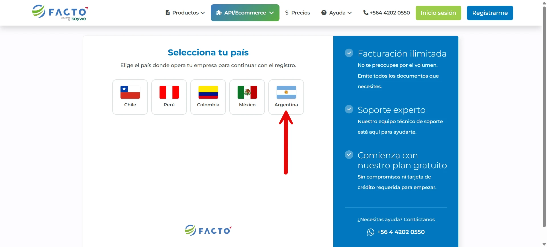 Selección de país Argentina en el registro de Facto