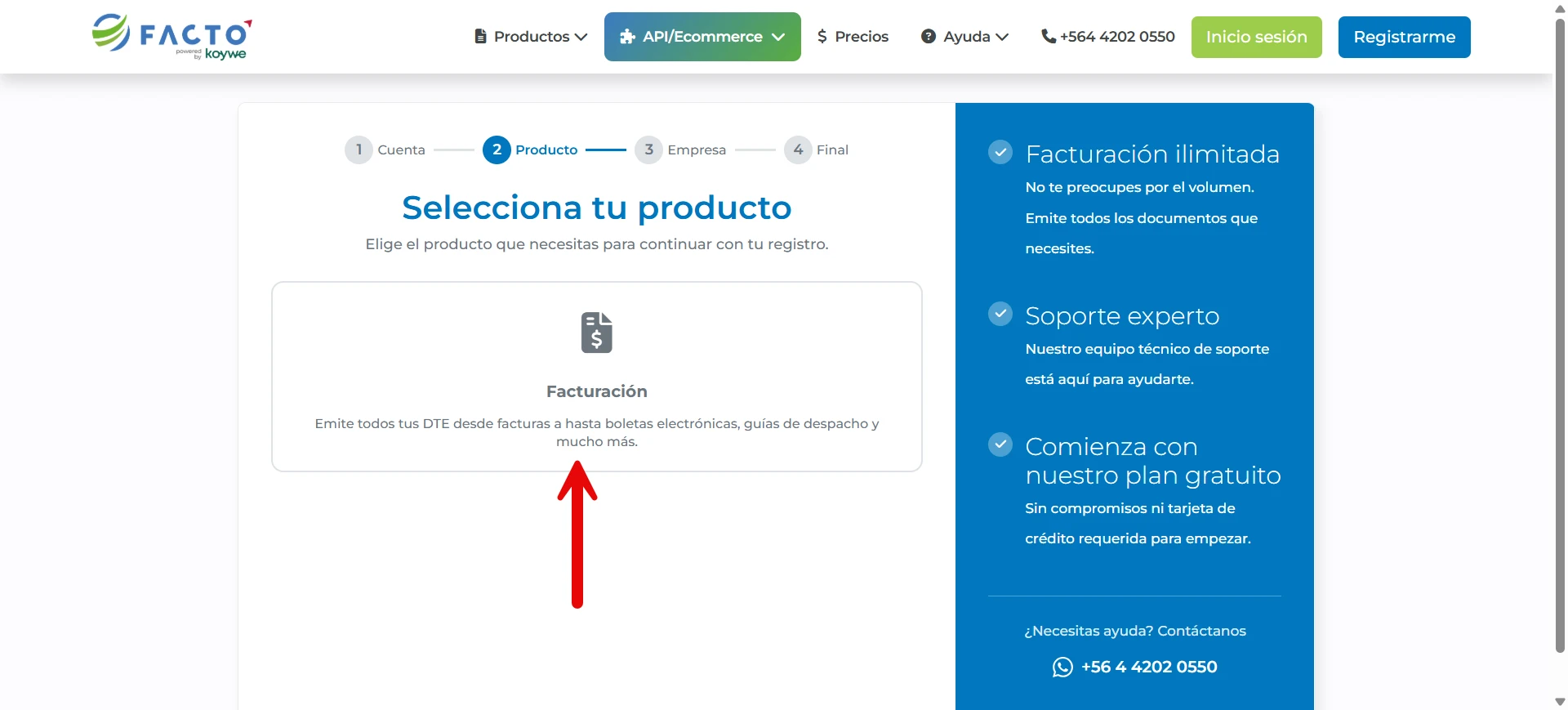 Selección del producto Facturación