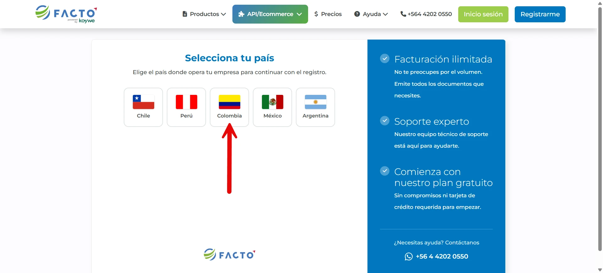 Selección de país Colombia en el registro de Facto