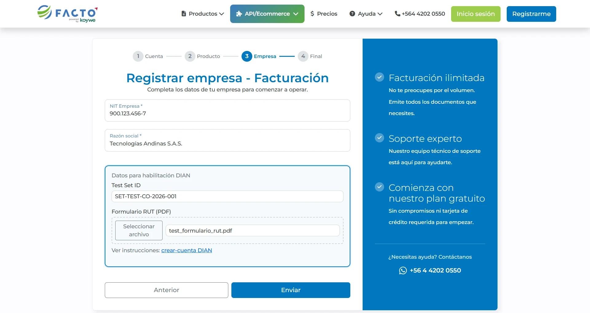 Ingreso de NIT, razón social, Test SET ID y Formulario RUT