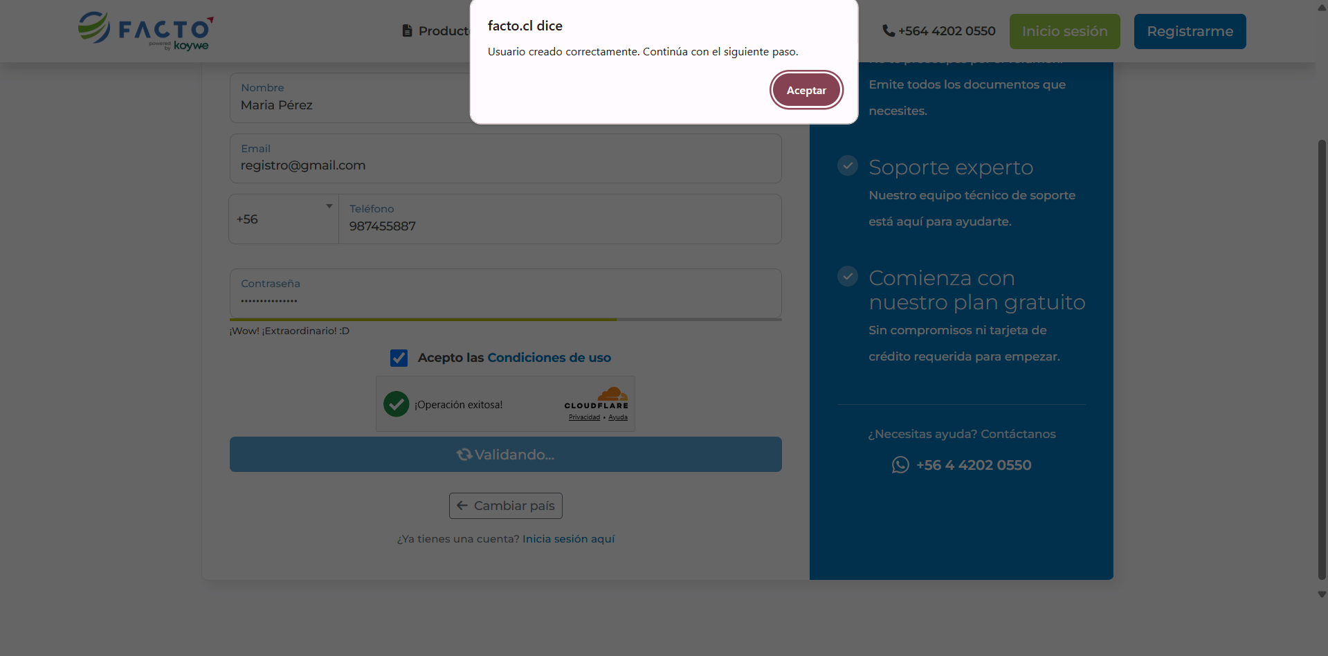 Botones Continuar y Aceptar del registro