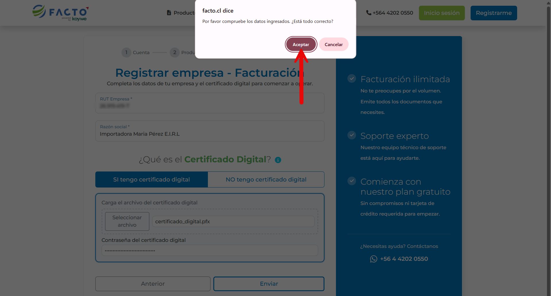 Botón Enviar y ventana emergente de confirmación