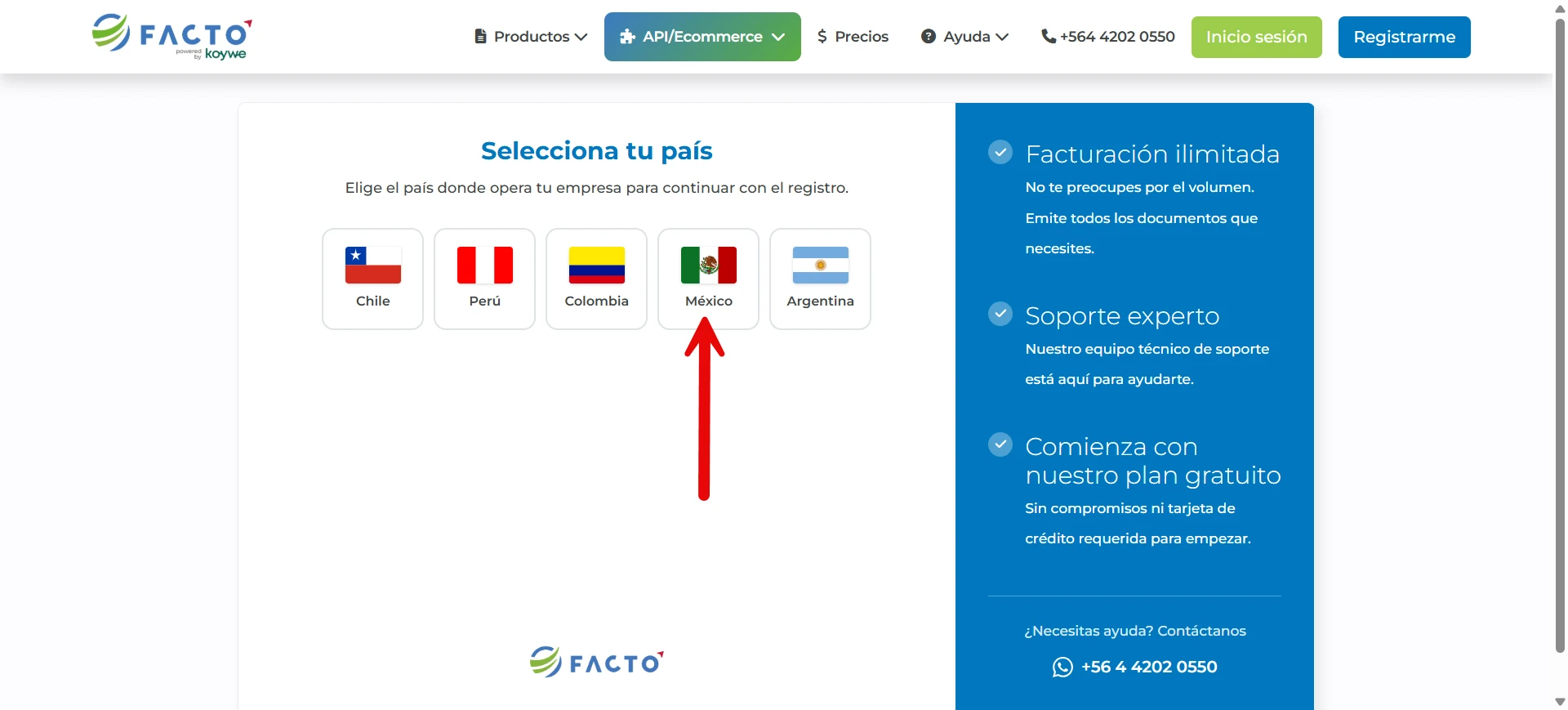 Selección de país México en el registro de Facto