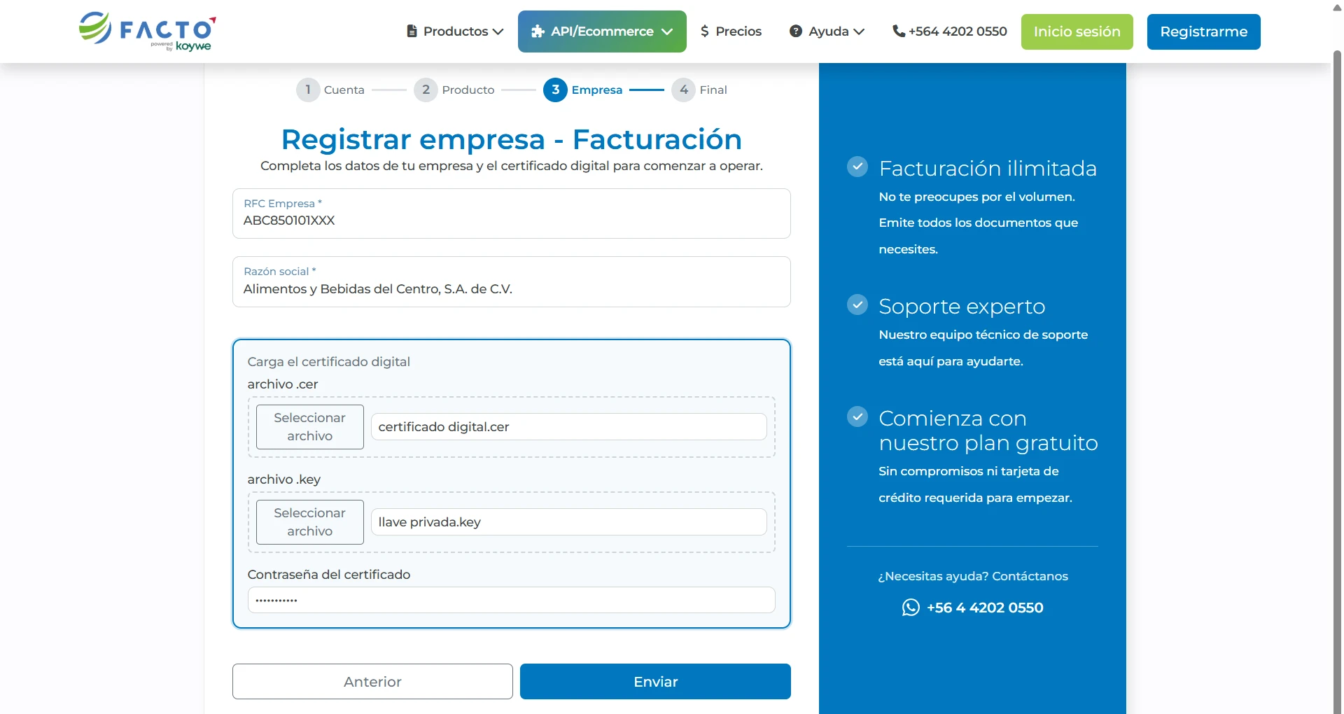 Ingreso de RFC, razón social, certificado digital y llave privada