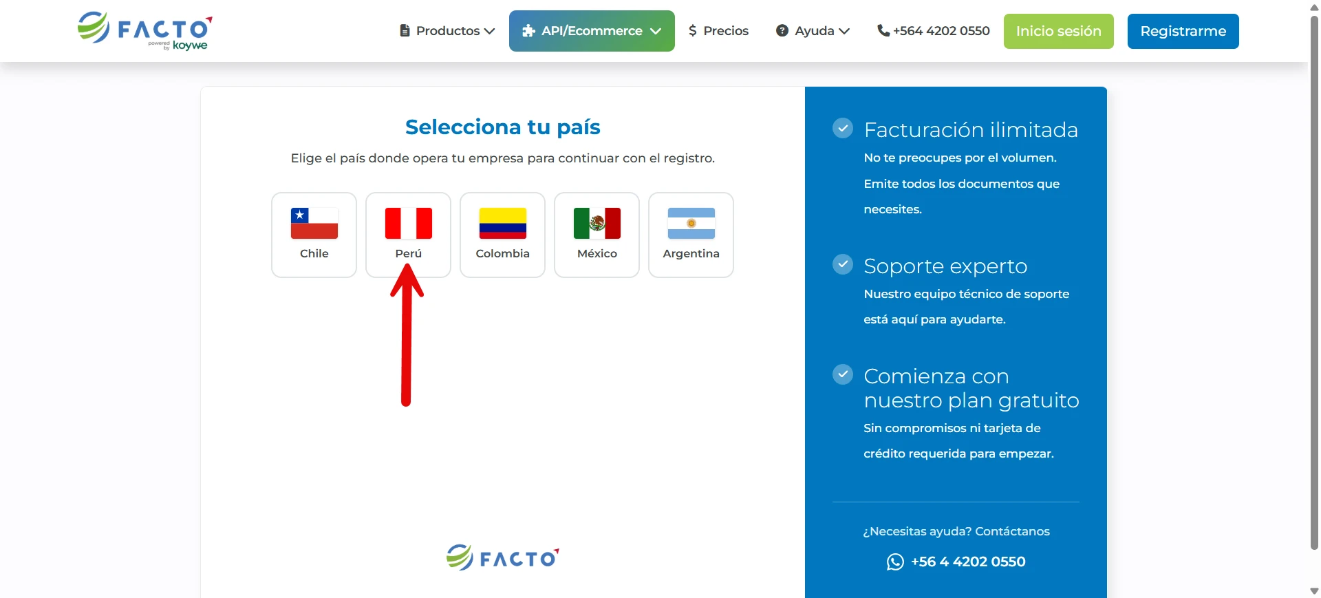 Selección de país Perú en el registro de Facto