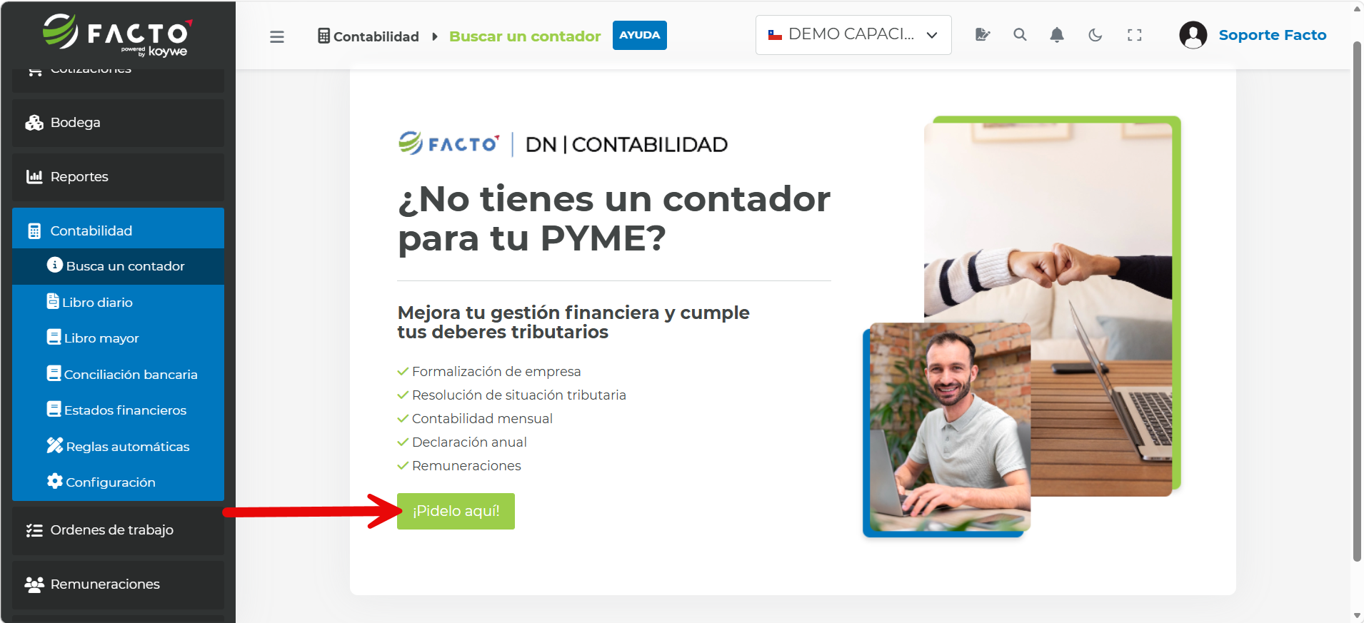 Botón ¡Pídelo aquí! dentro del módulo Busca un contador de FACTO