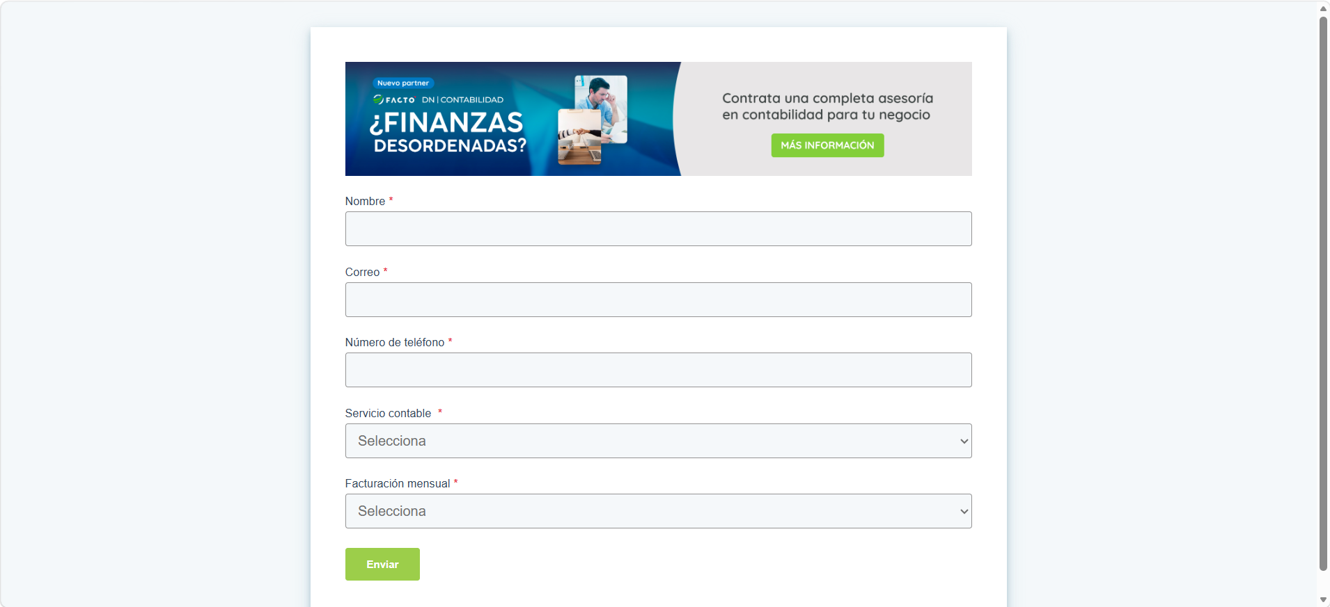 Formulario de contacto para solicitar un contador externo recomendado por FACTO