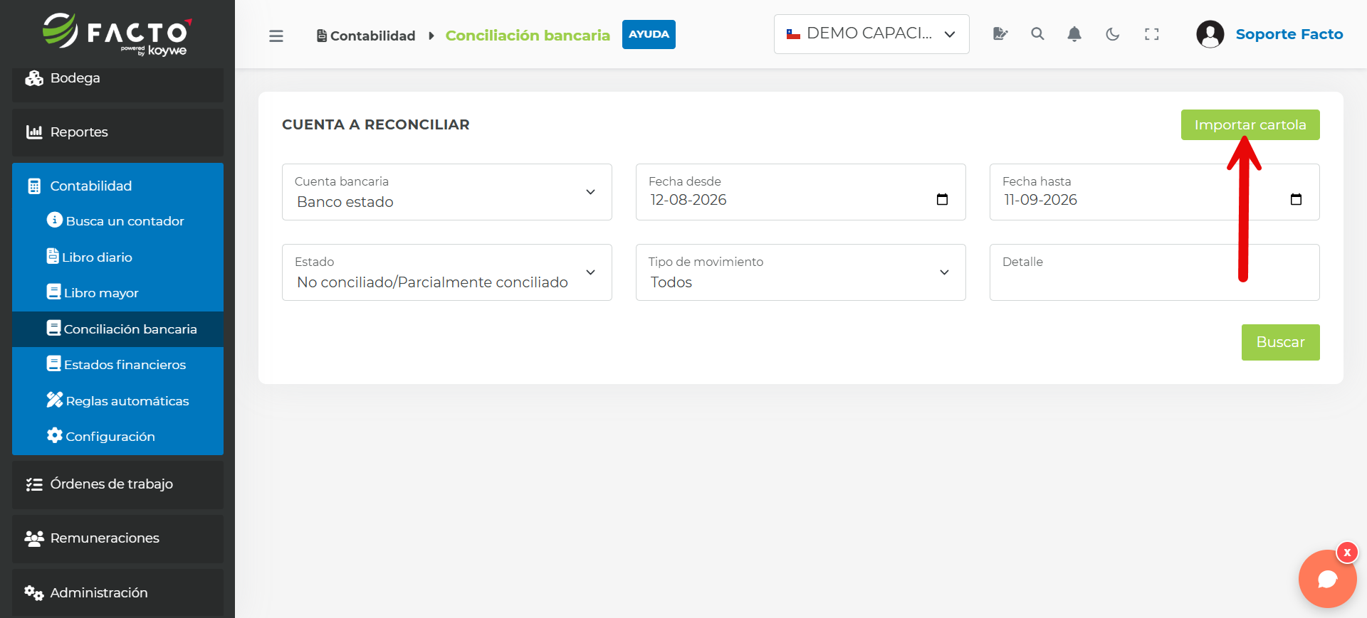 Botón Importar cartola en la pantalla de Conciliación bancaria de FACTO