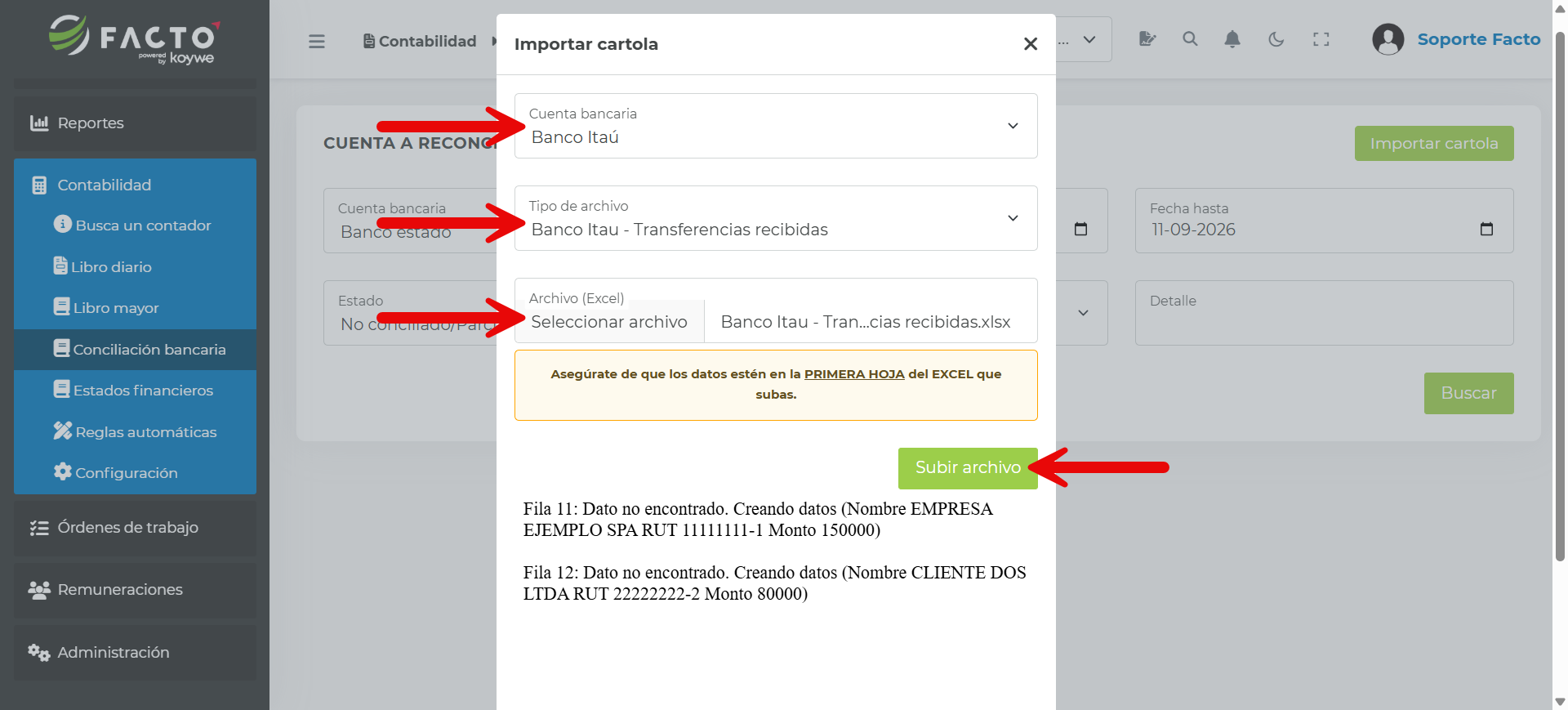 Modal Importar cartola con la cuenta bancaria, el tipo de archivo y el resultado de la carga