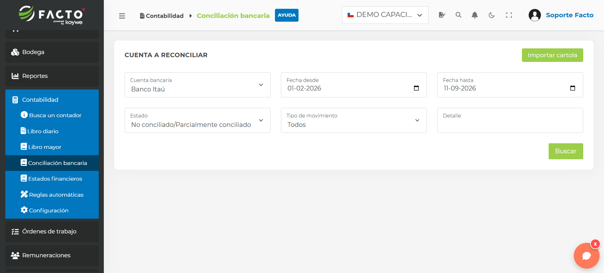 Búsqueda de movimientos de la cuenta bancaria luego de importar la cartola