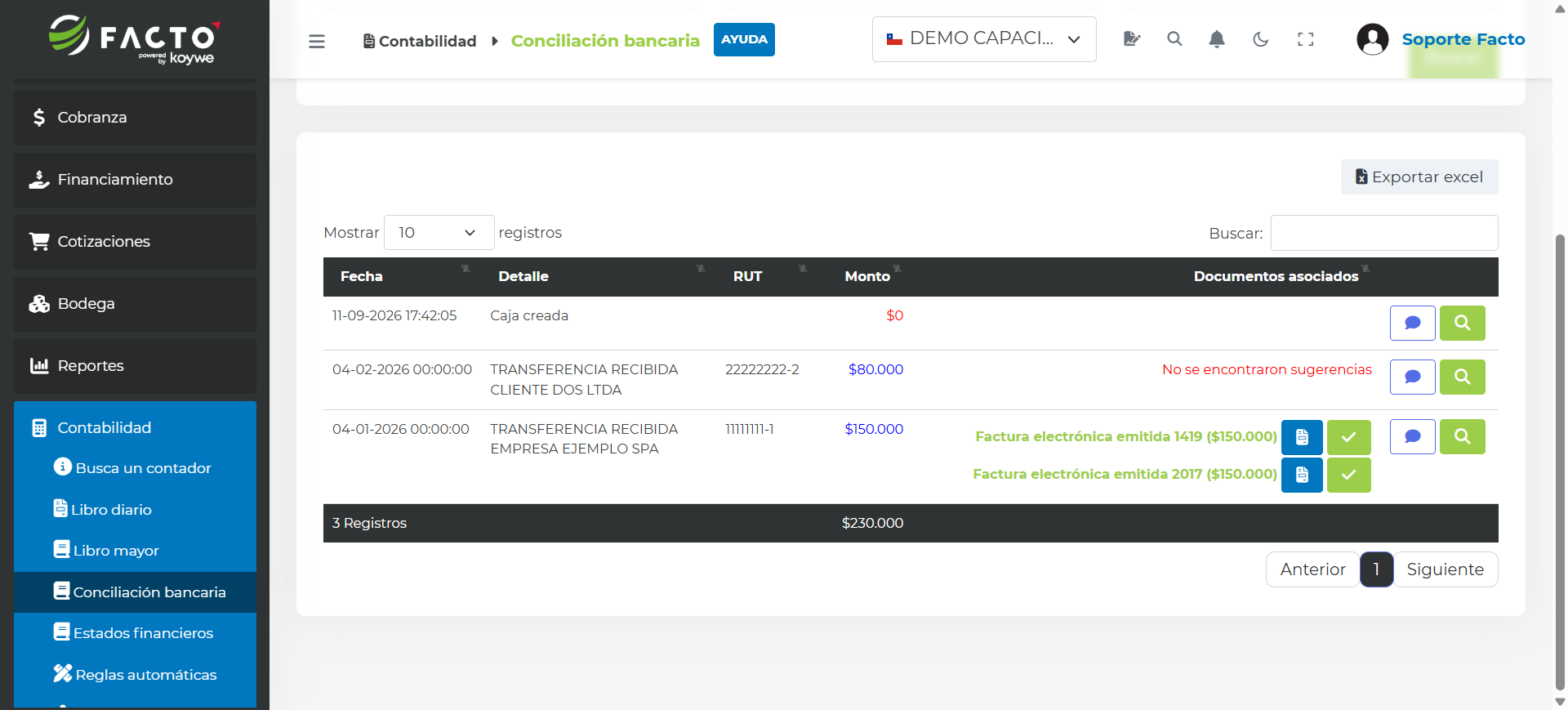 Listado de movimientos de la cartola con los documentos tributarios electrónicos asociados