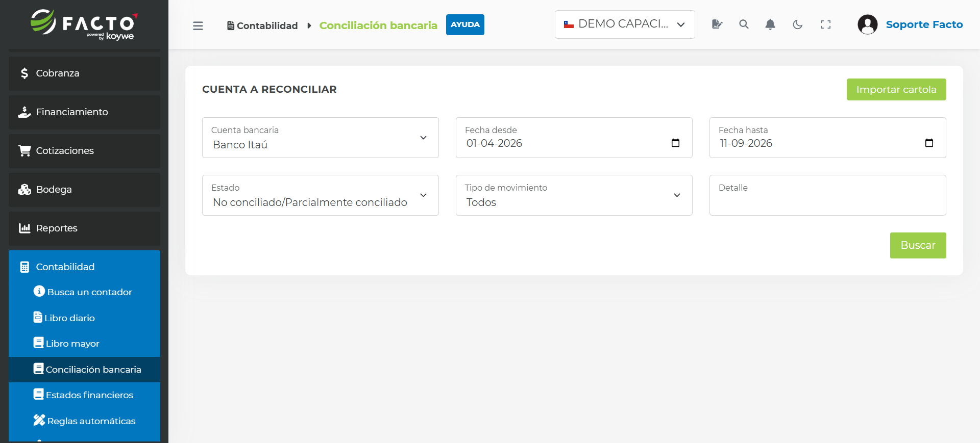Búsqueda de movimientos por cuenta bancaria y rango de fechas