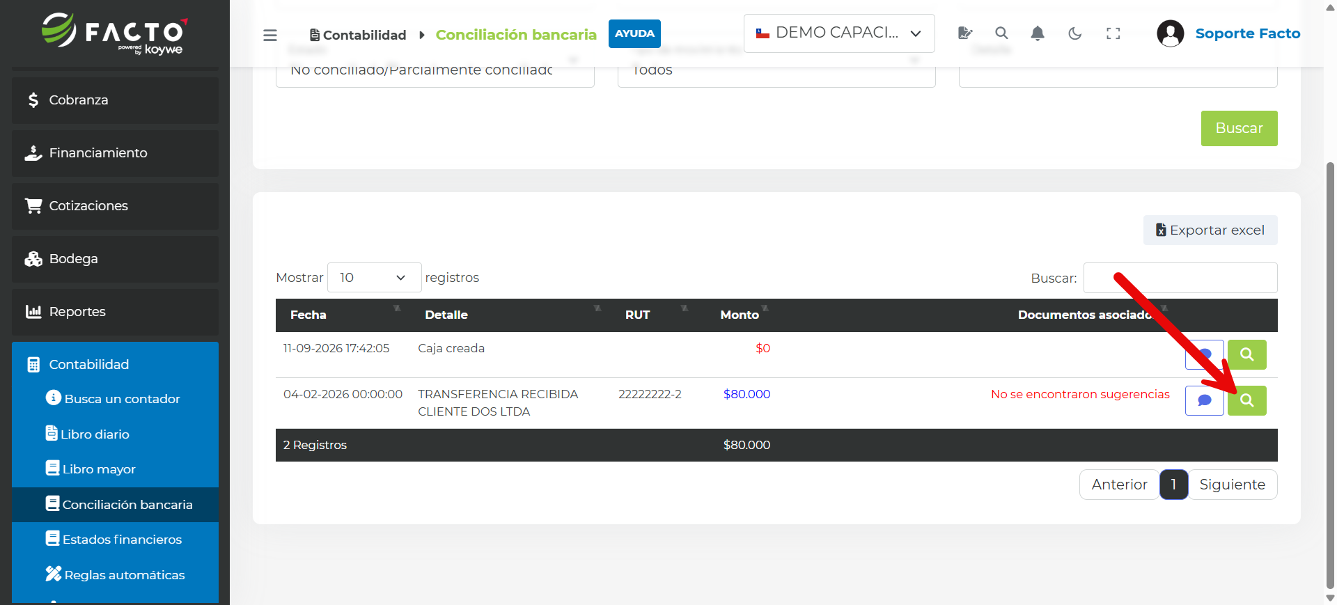Botón con ícono de lupa sobre un movimiento bancario para buscar el documento asociado