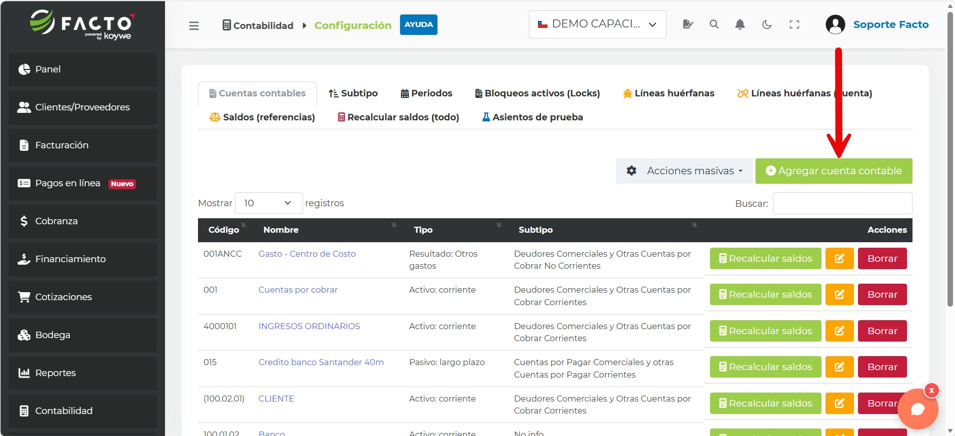 Listado de cuentas contables con el botón +Agregar cuenta contable