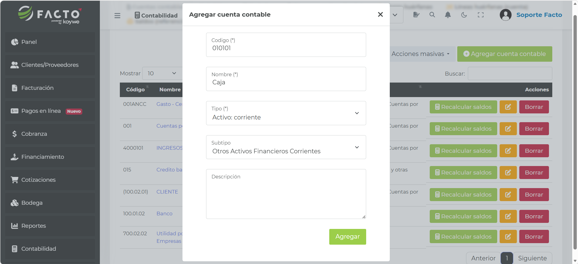 Modal Agregar cuenta contable con código, nombre, tipo y subtipo