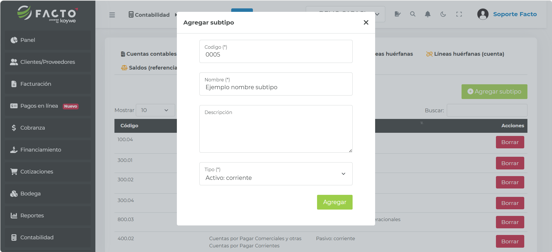 Modal Agregar subtipo con código, nombre, descripción y tipo