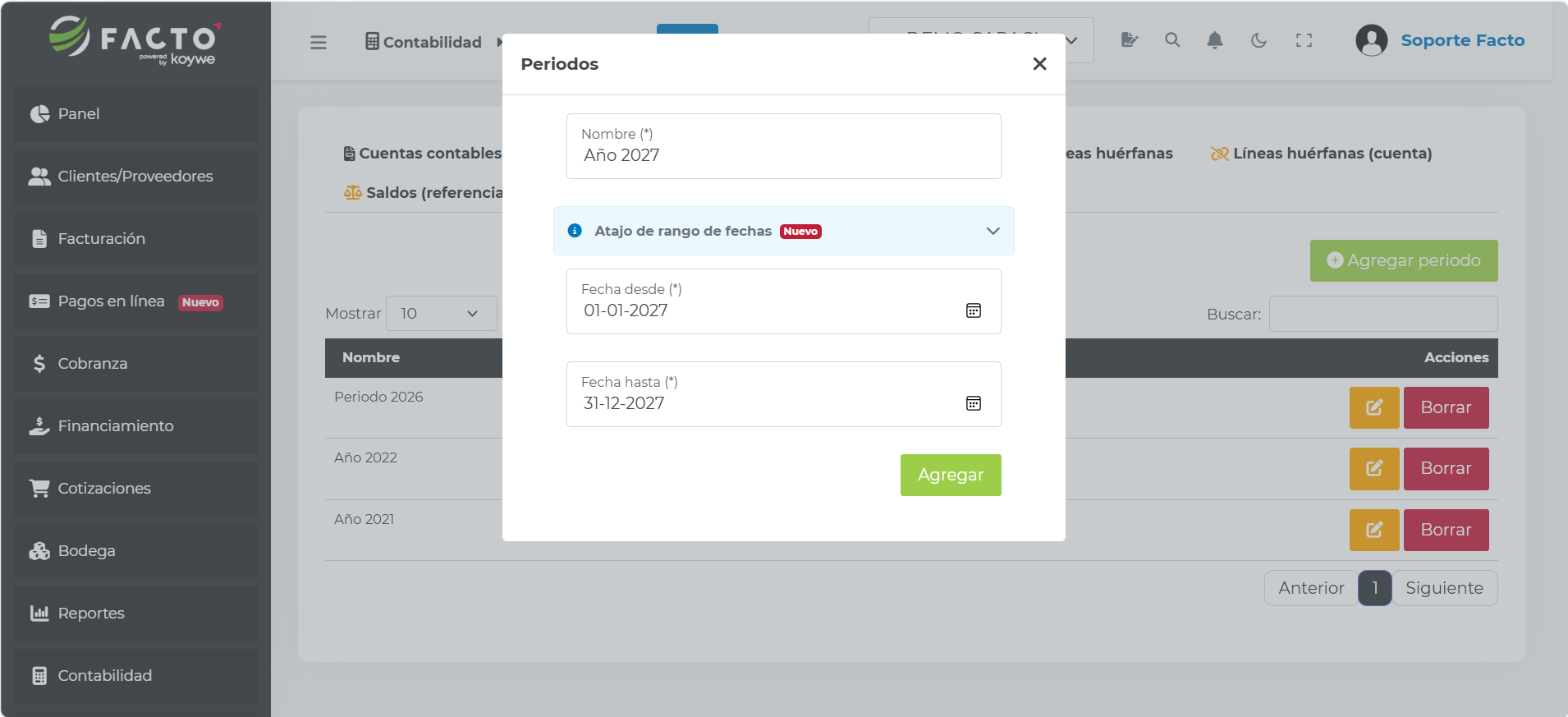 Modal Periodos con nombre, fecha desde y fecha hasta
