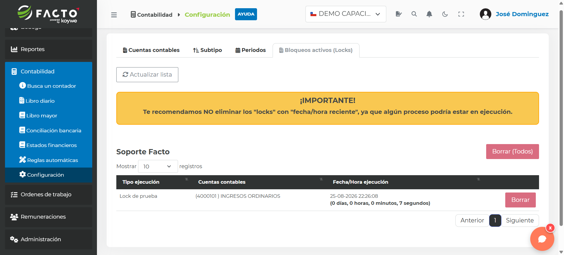 Listado de bloqueos activos (locks) en la Configuración de Contabilidad