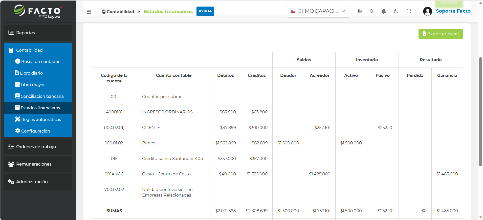 Balance 8 columnas generado en el módulo Estados financieros de FACTO