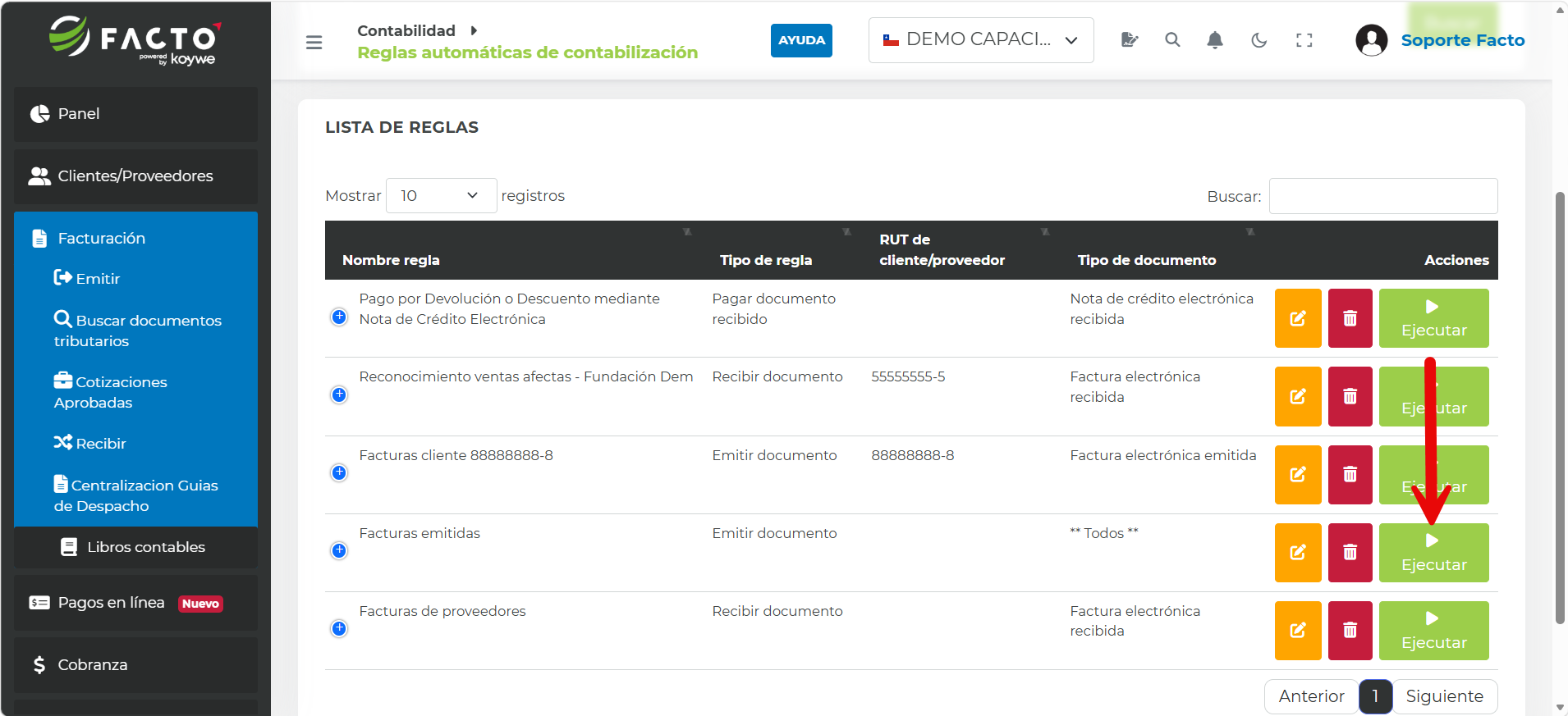 Listado de reglas automáticas con el botón Ejecutar para abrir el buscador de documentos