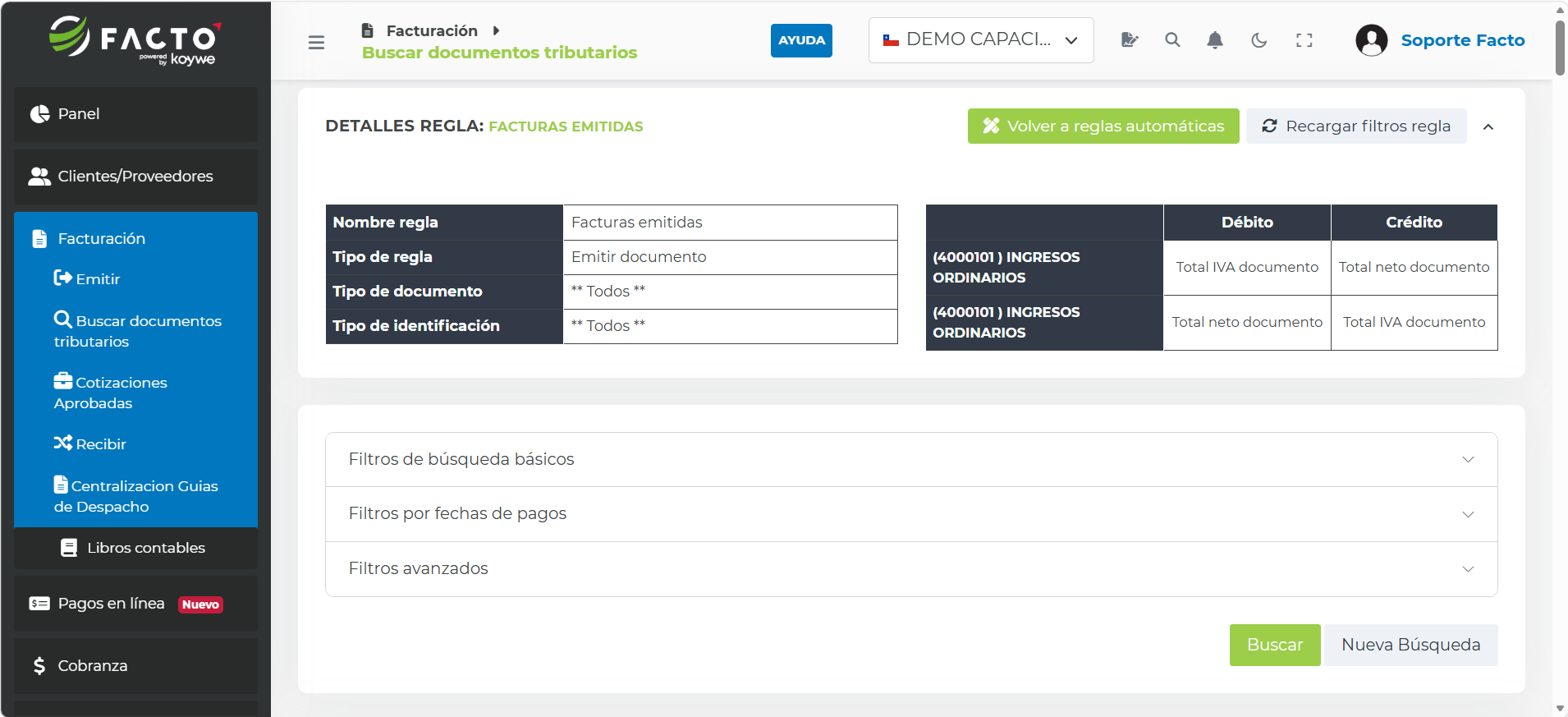 Detalles de la regla y filtros de búsqueda de documentos en el buscador de documentos tributarios