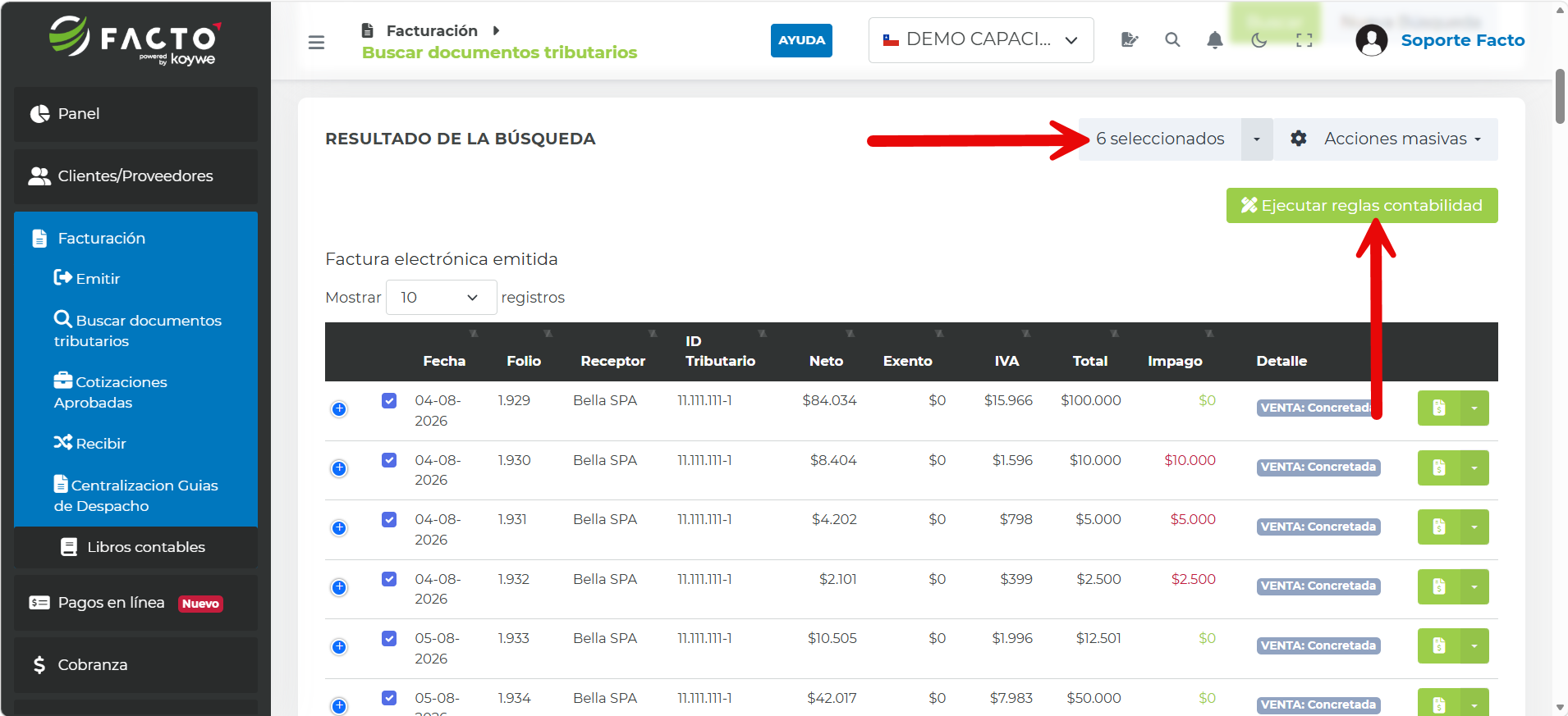 Resultado de la búsqueda de documentos con varios seleccionados y el botón Ejecutar reglas contabilidad