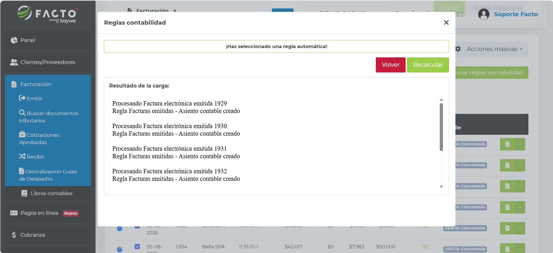 Modal Reglas contabilidad con el resultado de la carga y los asientos contables creados