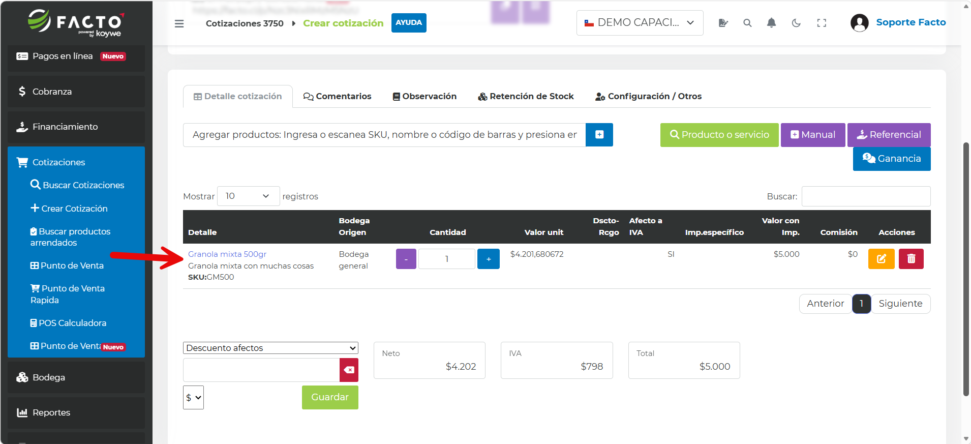 Detalle de la cotización con un producto agregado